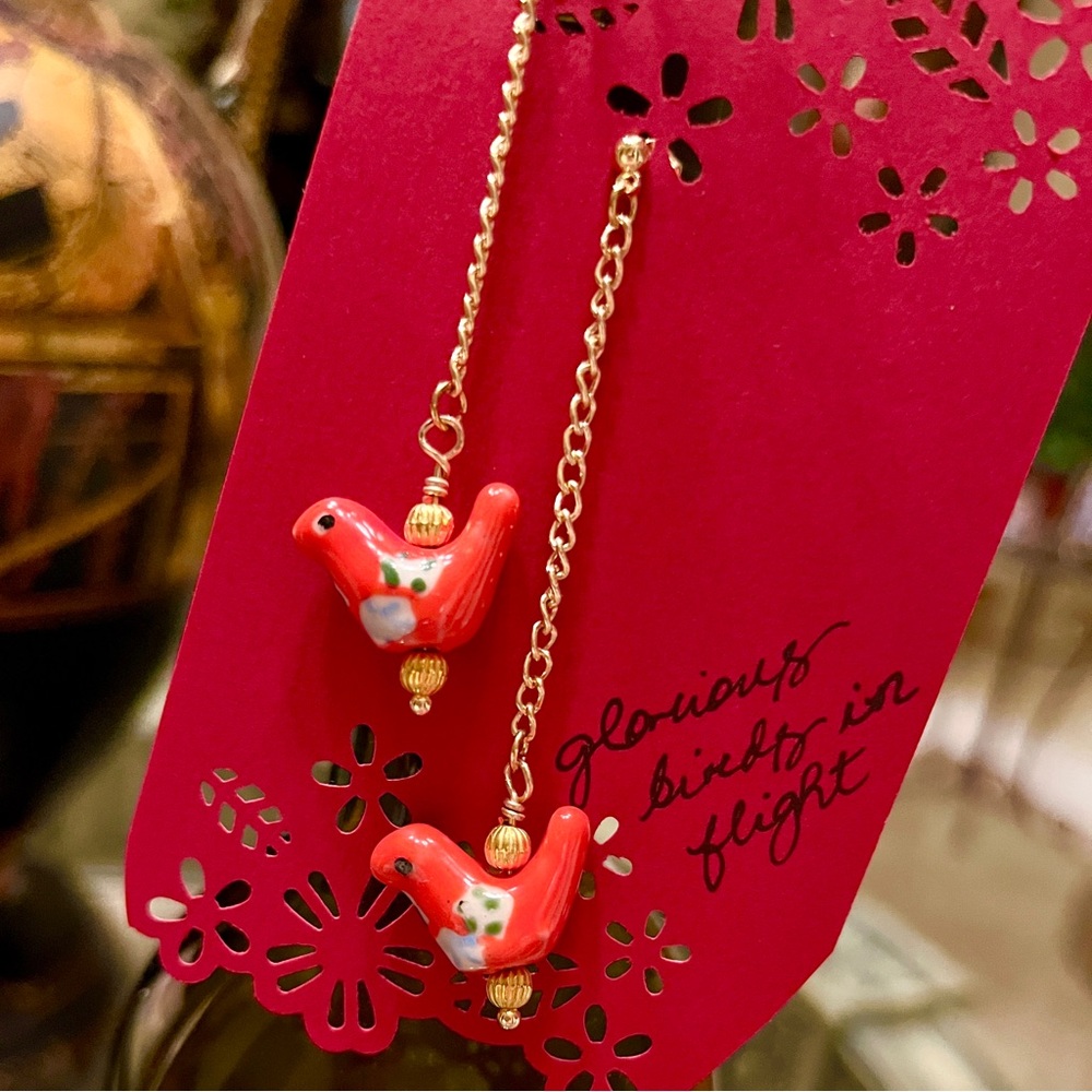 Whimsical Red Orange Bird Dangling Earrings - Picture 4 of 5
